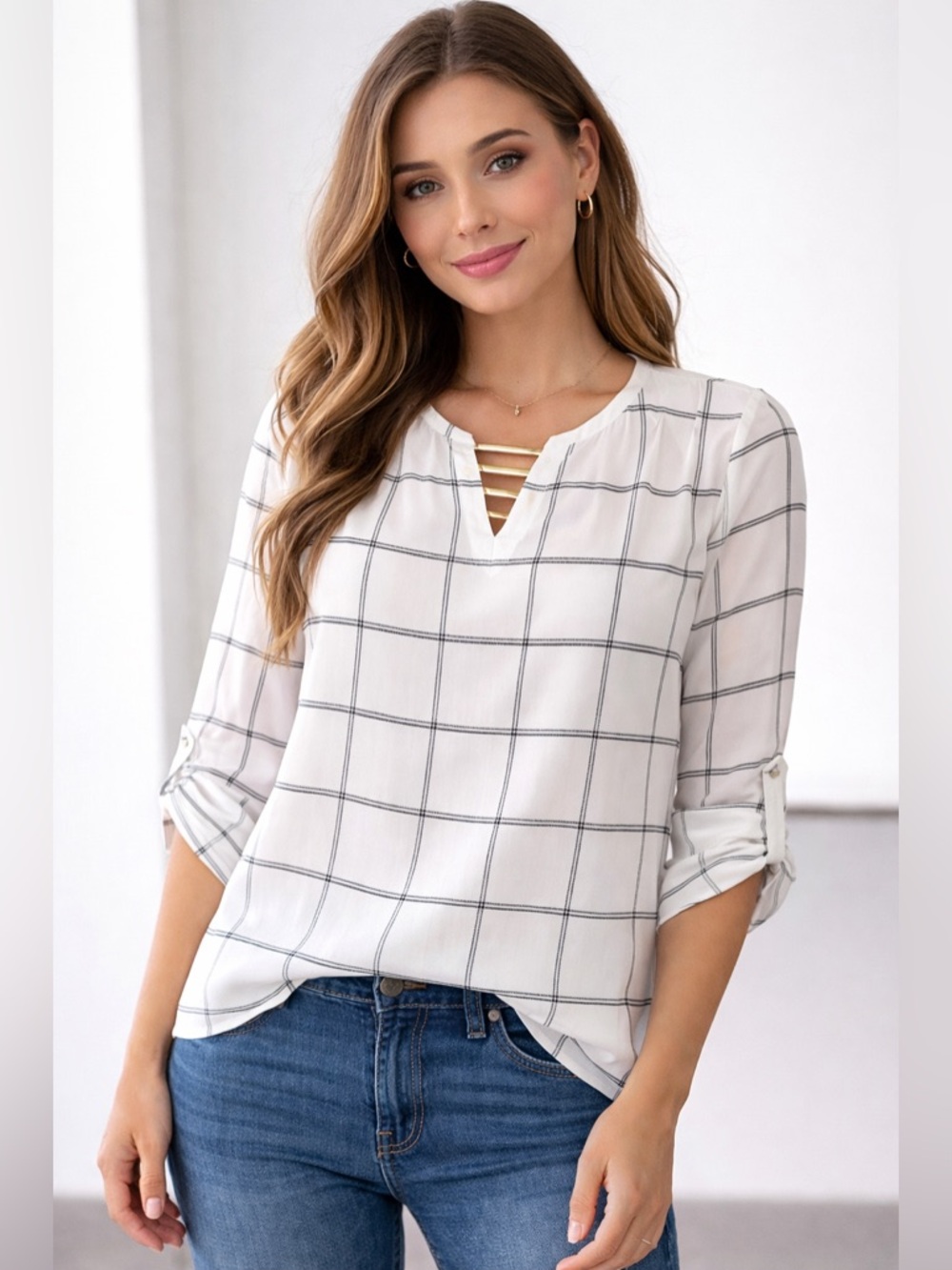 Apt. 9 White and Gray Grid Blouse